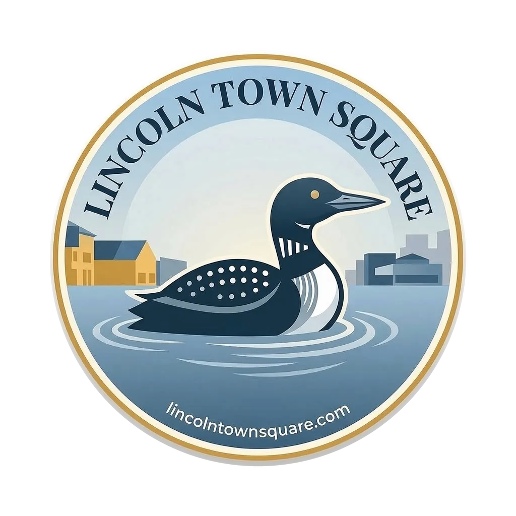 Lincoln Town Square logo, a round badge showing a loon on the water in front of the town's buildings